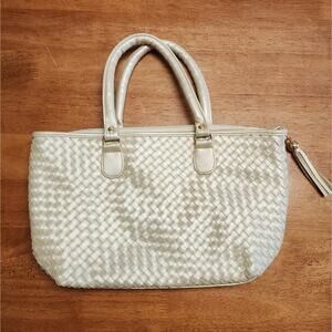 Vintage BAGS By Warren Reed Woven Handbag Purse Metallic Pearl Cream
